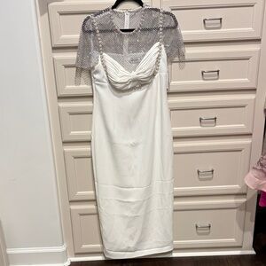 Self-Portrait White Midi Dress with Beaded Silver Capelet